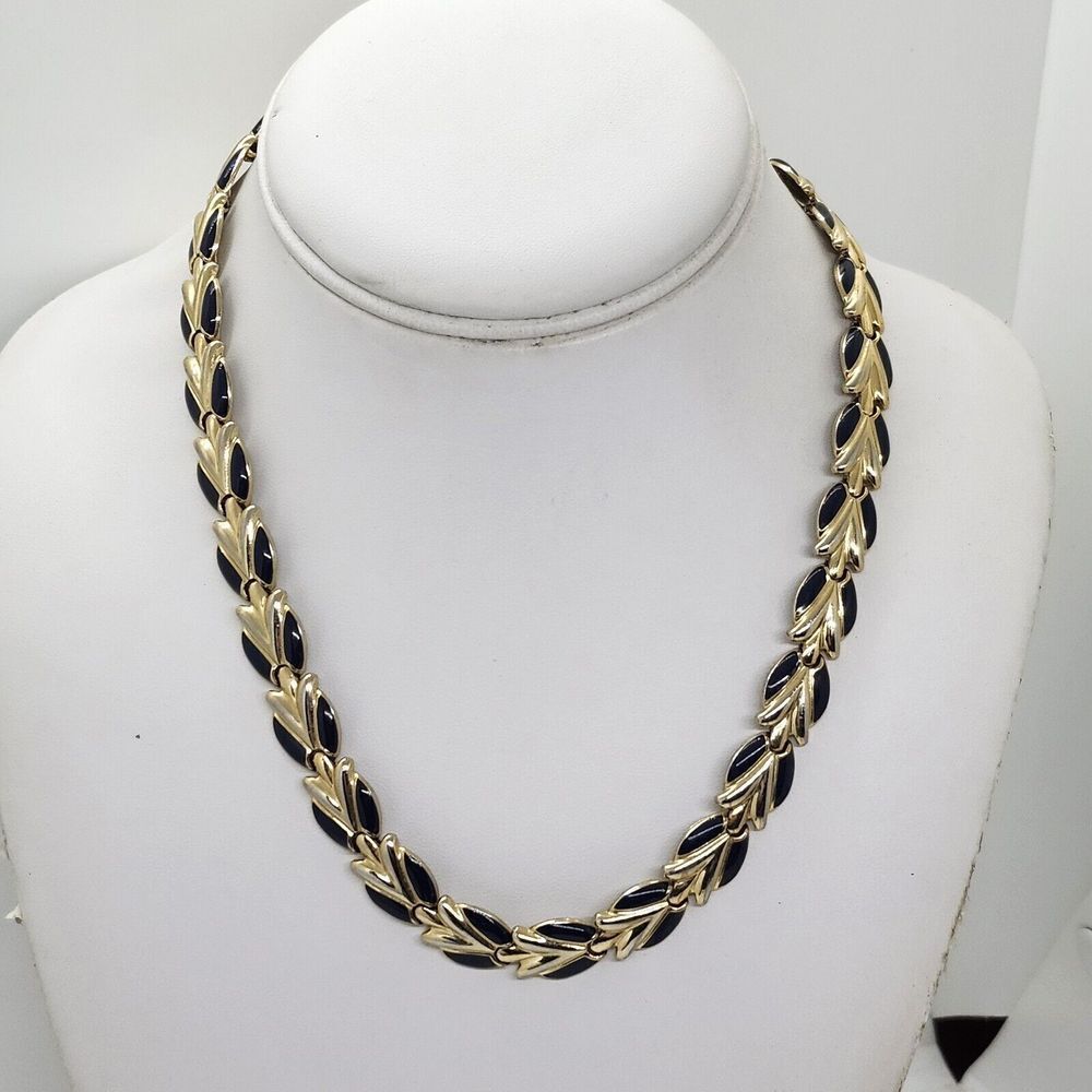 Vintage Style Gold Tone Blue Enamel Necklace